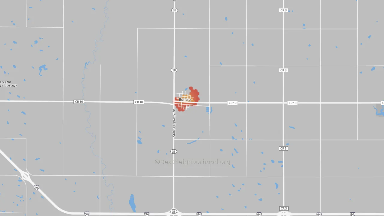 Walk Grade map of Buffalo, ND, walkable areas in green and car-dependent areas in red