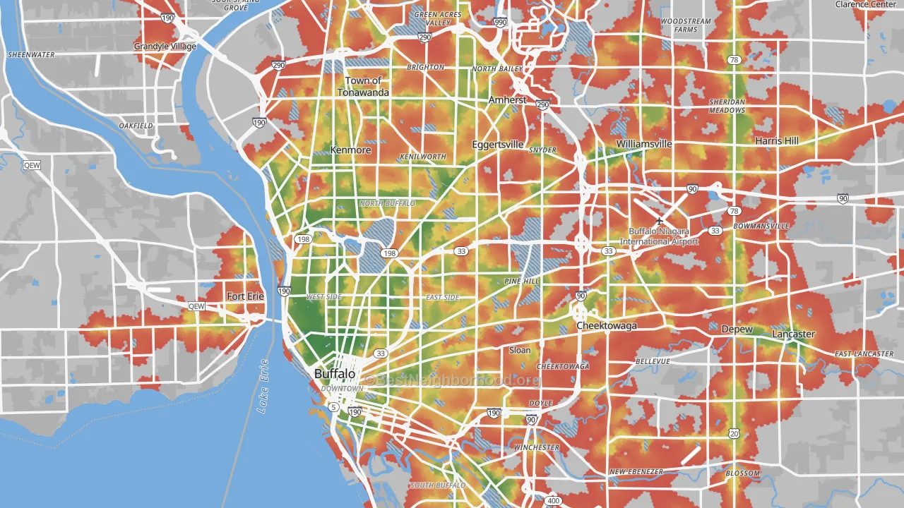 Walk Grade map of Buffalo, NY, walkable areas in green and car-dependent areas in red