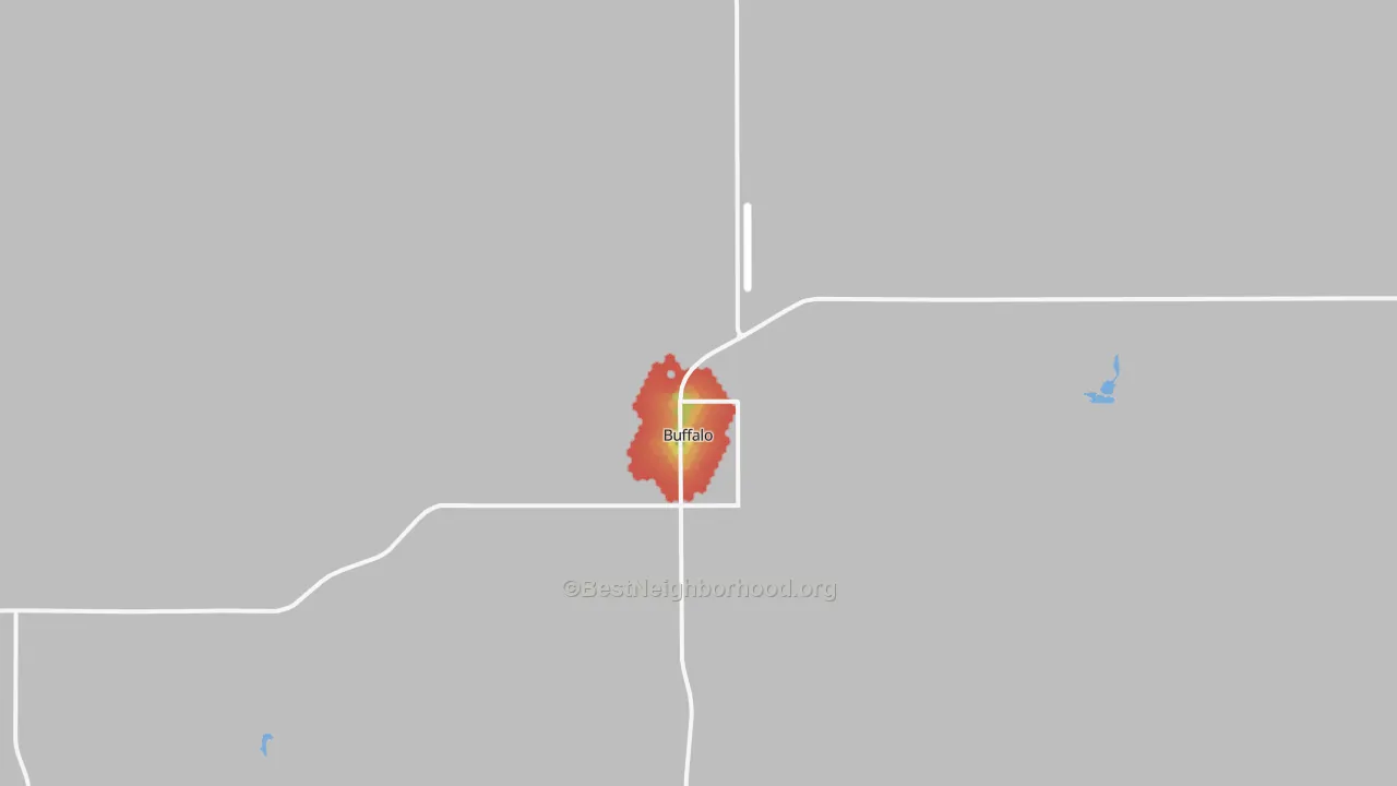 Walk Grade map of Buffalo, OK, walkable areas in green and car-dependent areas in red