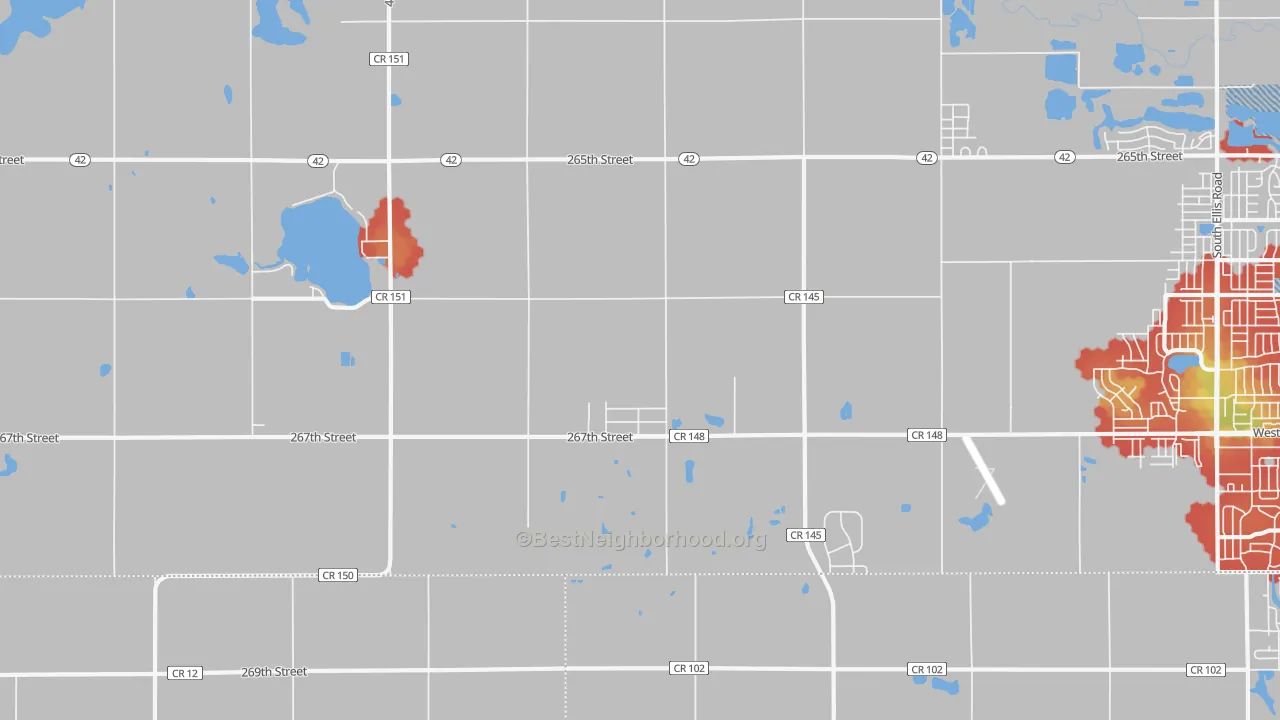 Walk Grade map of Buffalo Ridge, SD, walkable areas in green and car-dependent areas in red