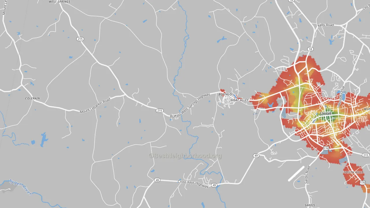 Walk Grade map of Buffalo, SC, walkable areas in green and car-dependent areas in red