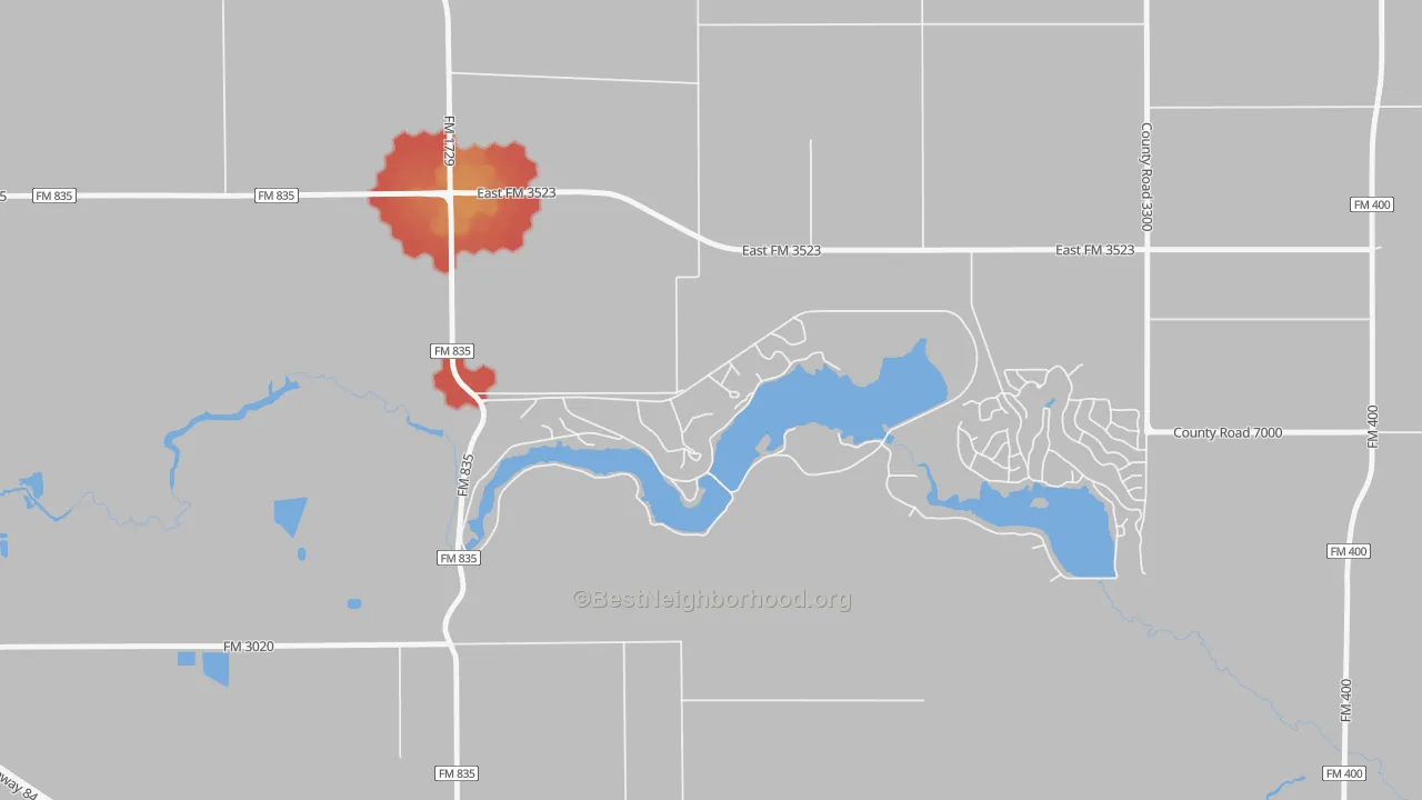 Walk Grade map of Buffalo Springs, TX, walkable areas in green and car-dependent areas in red