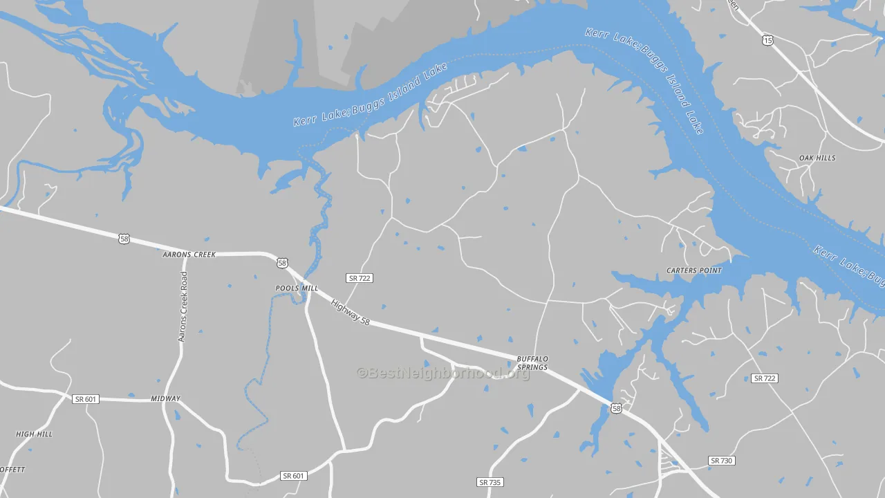 Walk Grade map of Buffalo Springs, VA, walkable areas in green and car-dependent areas in red