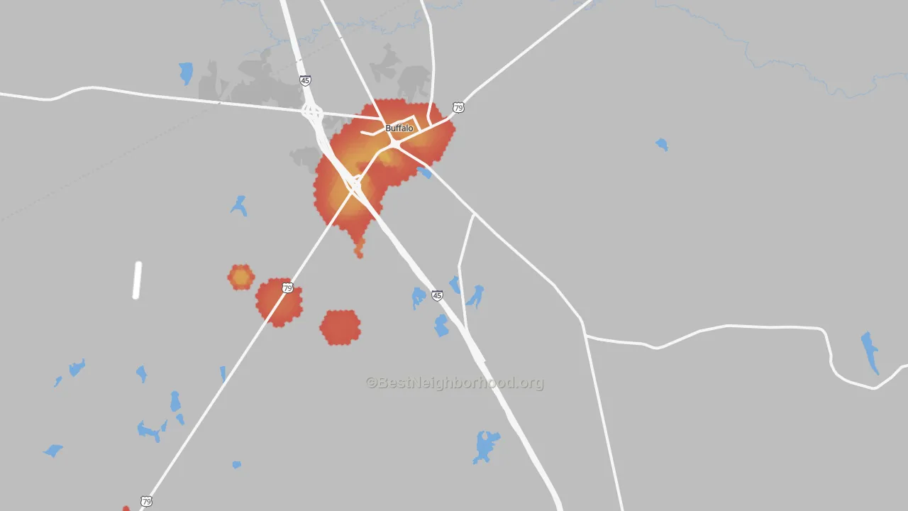 Walk Grade map of Buffalo, TX, walkable areas in green and car-dependent areas in red