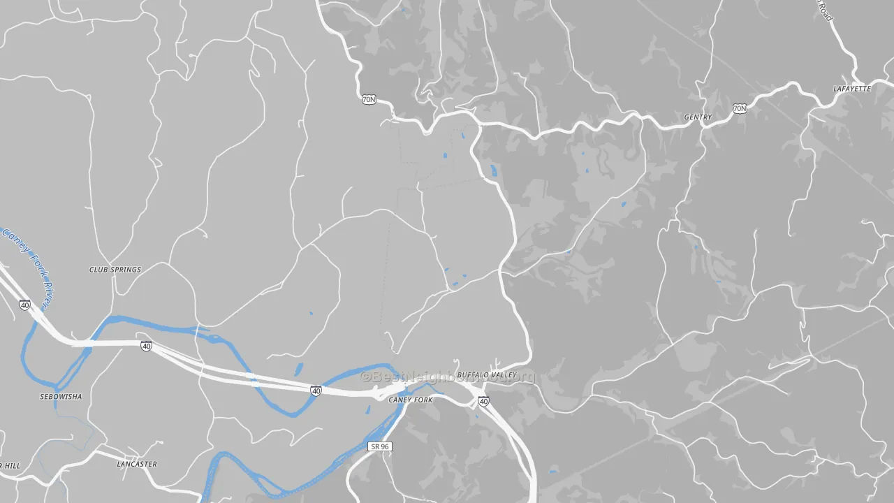 Walk Grade map of Buffalo Valley, TN, walkable areas in green and car-dependent areas in red