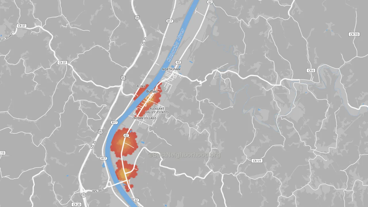 Walk Grade map of Buffalo, WV, walkable areas in green and car-dependent areas in red