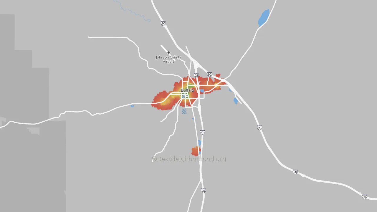 Walk Grade map of Buffalo, WY, walkable areas in green and car-dependent areas in red
