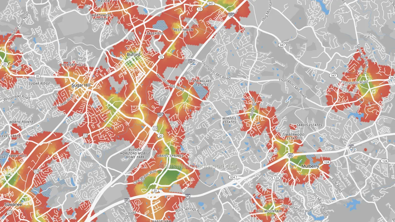 Walk Grade map of Buford, GA, walkable areas in green and car-dependent areas in red