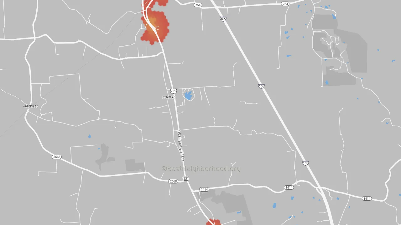 Walk Grade map of Buford, KY, walkable areas in green and car-dependent areas in red