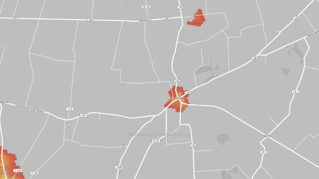 Walk Grade map of Buford, OH, walkable areas in green and car-dependent areas in red