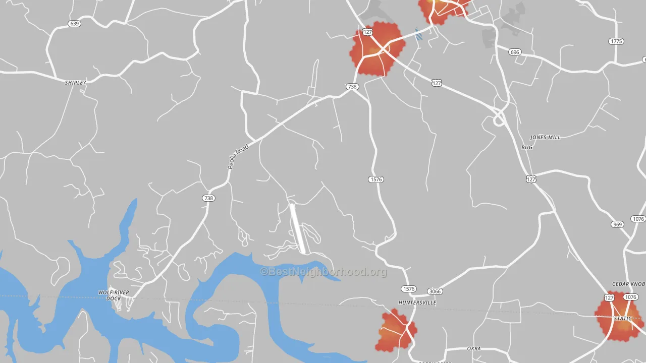 Walk Grade map of Bug, KY, walkable areas in green and car-dependent areas in red