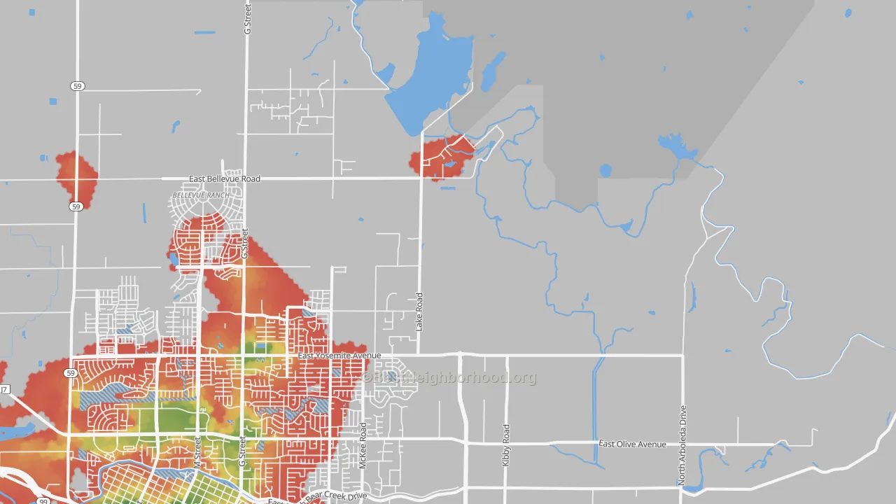 Walk Grade map of Buhach, CA, walkable areas in green and car-dependent areas in red
