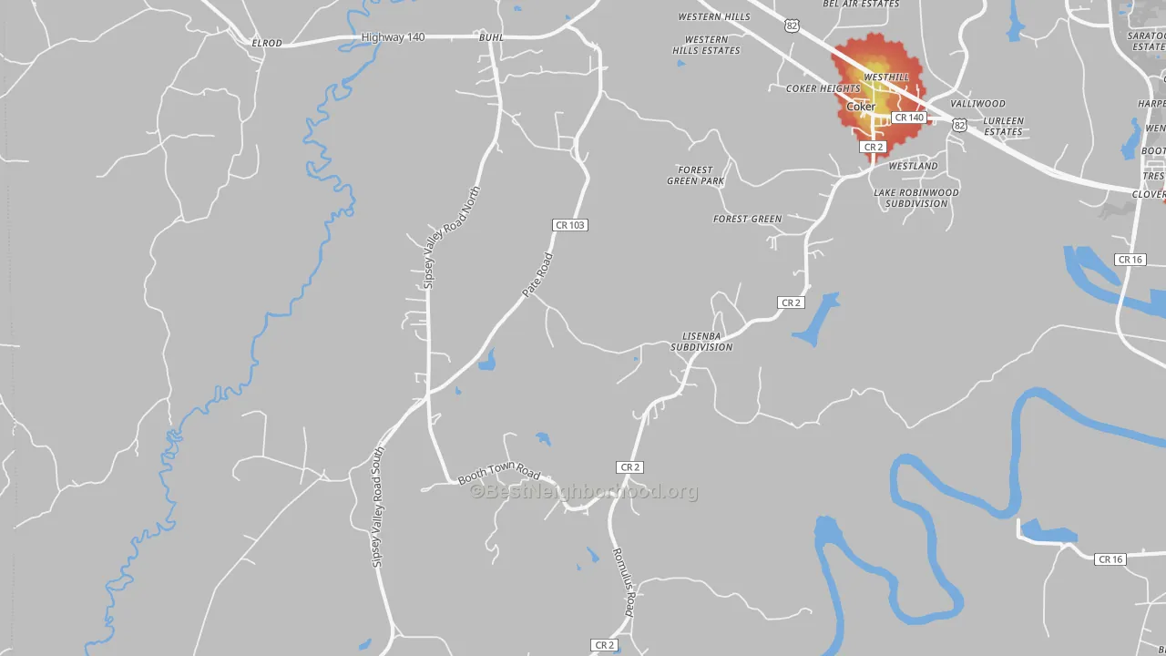 Walk Grade map of Buhl, AL, walkable areas in green and car-dependent areas in red