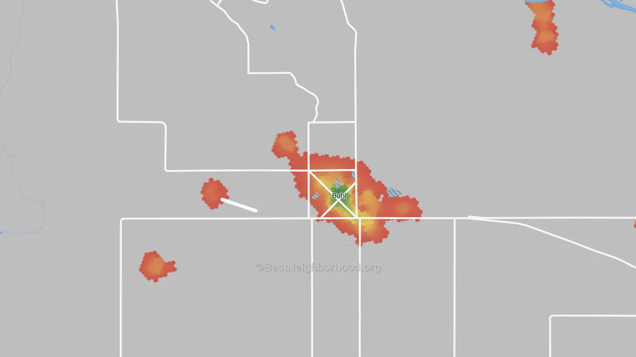 Walk Grade map of Buhl, ID, walkable areas in green and car-dependent areas in red