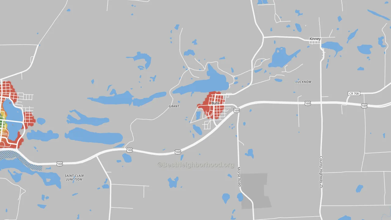 Walk Grade map of Buhl, MN, walkable areas in green and car-dependent areas in red
