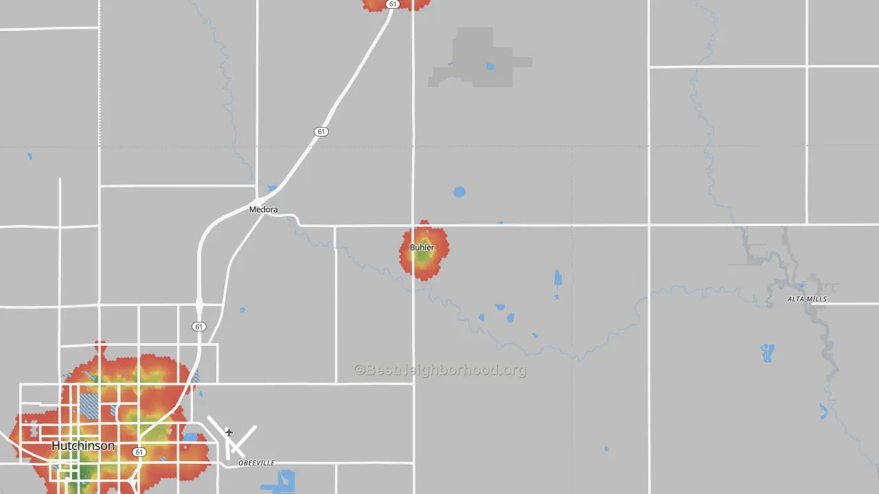Walk Grade map of Buhler, KS, walkable areas in green and car-dependent areas in red