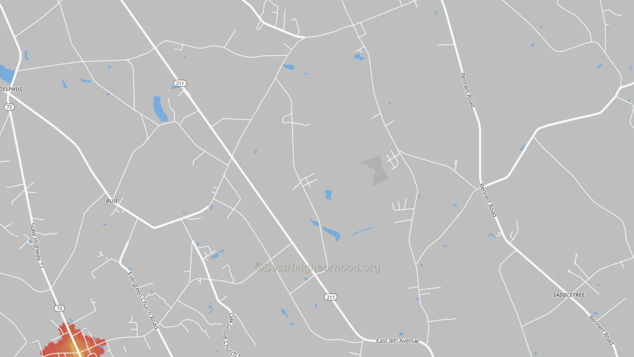Walk Grade map of Buie, NC, walkable areas in green and car-dependent areas in red