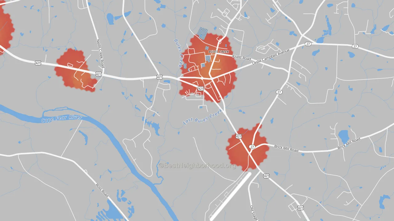 Walk Grade map of Buies Creek, NC, walkable areas in green and car-dependent areas in red