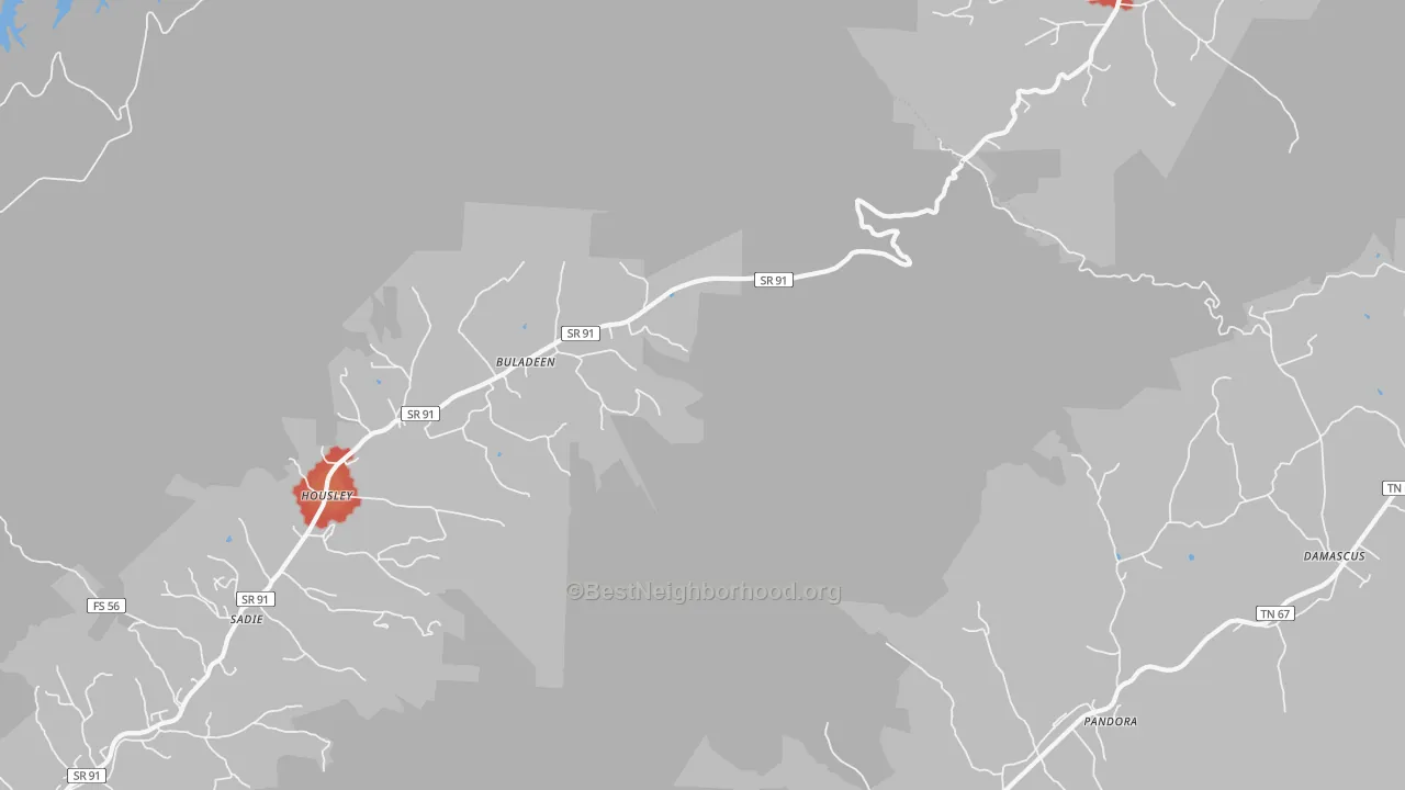 Walk Grade map of Buladeen, TN, walkable areas in green and car-dependent areas in red