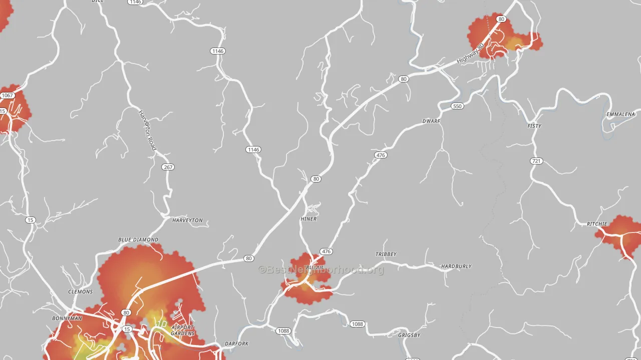 Walk Grade map of Bulan, KY, walkable areas in green and car-dependent areas in red