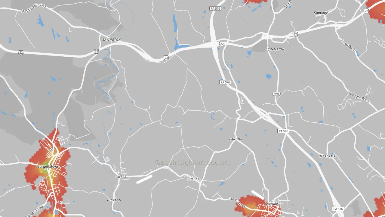 Walk Grade map of Bulger, PA, walkable areas in green and car-dependent areas in red