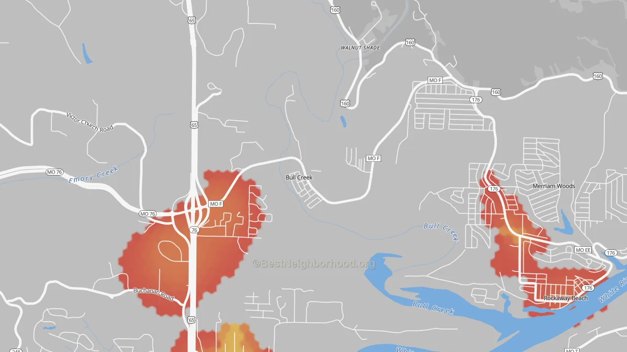 Walk Grade map of Bull Creek, MO, walkable areas in green and car-dependent areas in red