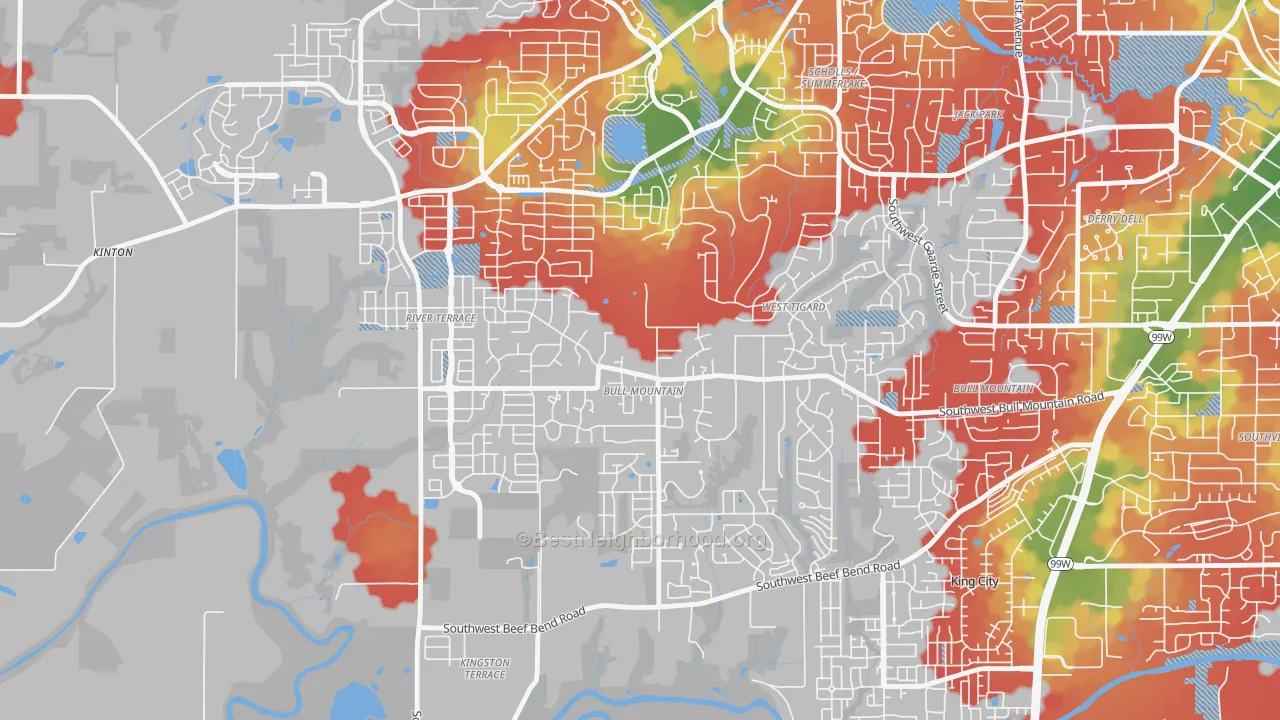 Walk Grade map of Bull Mountain, OR, walkable areas in green and car-dependent areas in red