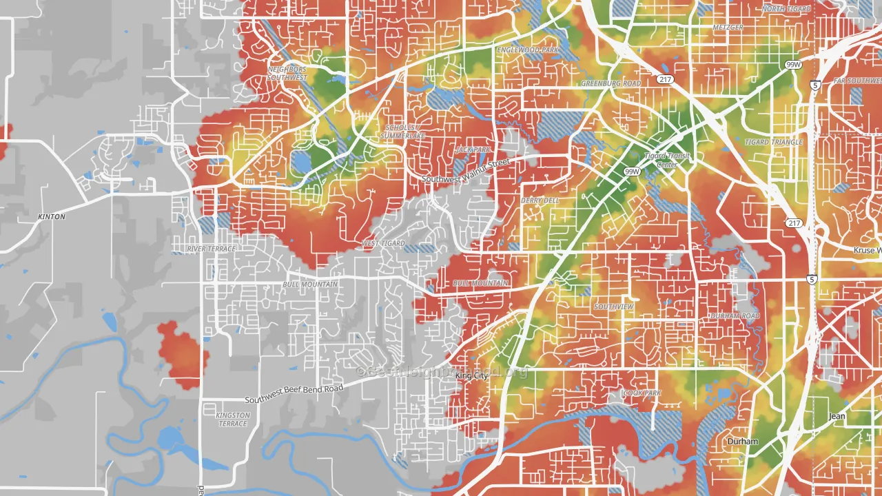 Walk Grade map of Bull Mountain, Tigard, OR, walkable areas in green and car-dependent areas in red