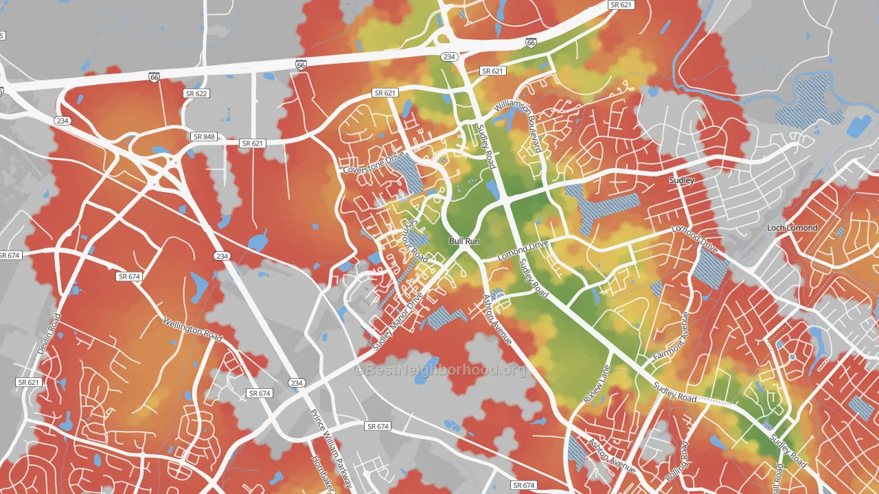 Walk Grade map of Bull Run, VA, walkable areas in green and car-dependent areas in red