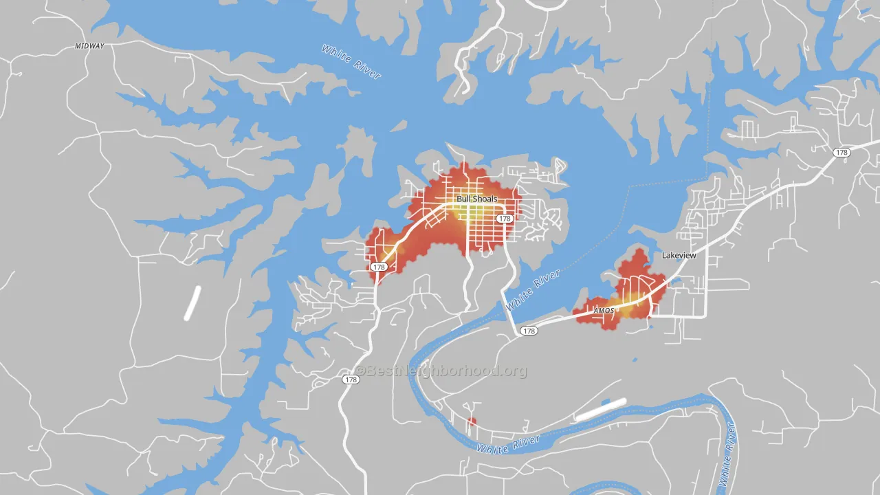 Walk Grade map of Bull Shoals, AR, walkable areas in green and car-dependent areas in red