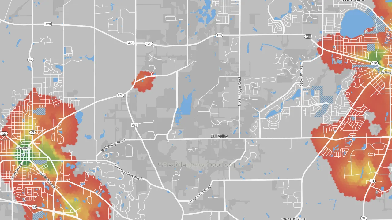 Walk Grade map of Bull Valley, IL, walkable areas in green and car-dependent areas in red