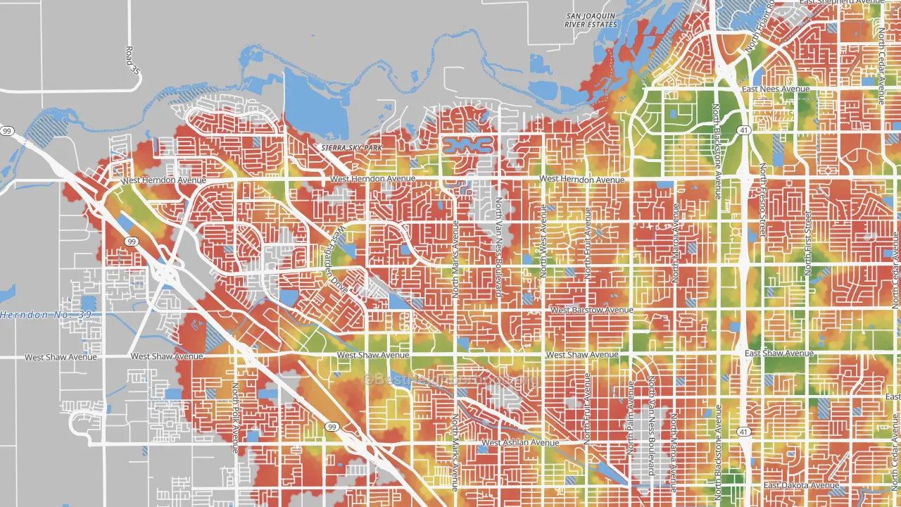 Walk Grade map of Bullard, Fresno, CA, walkable areas in green and car-dependent areas in red