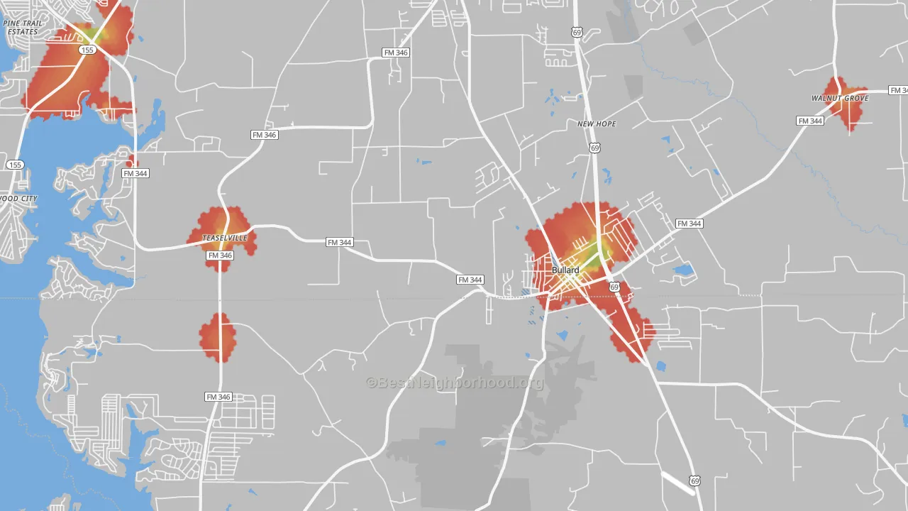 Walk Grade map of Bullard, TX, walkable areas in green and car-dependent areas in red