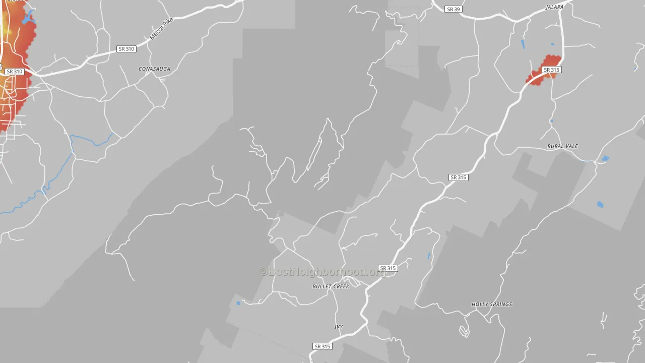 Walk Grade map of Bullet Creek, TN, walkable areas in green and car-dependent areas in red