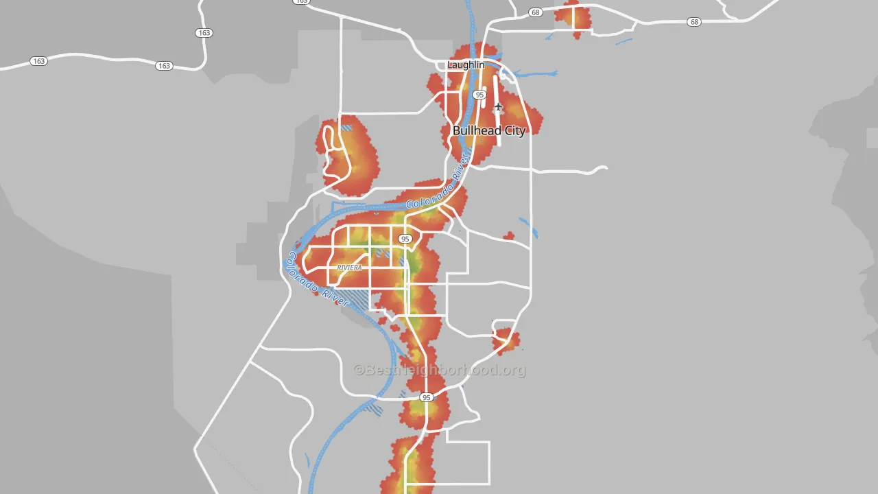Walk Grade map of Bullhead City, AZ, walkable areas in green and car-dependent areas in red