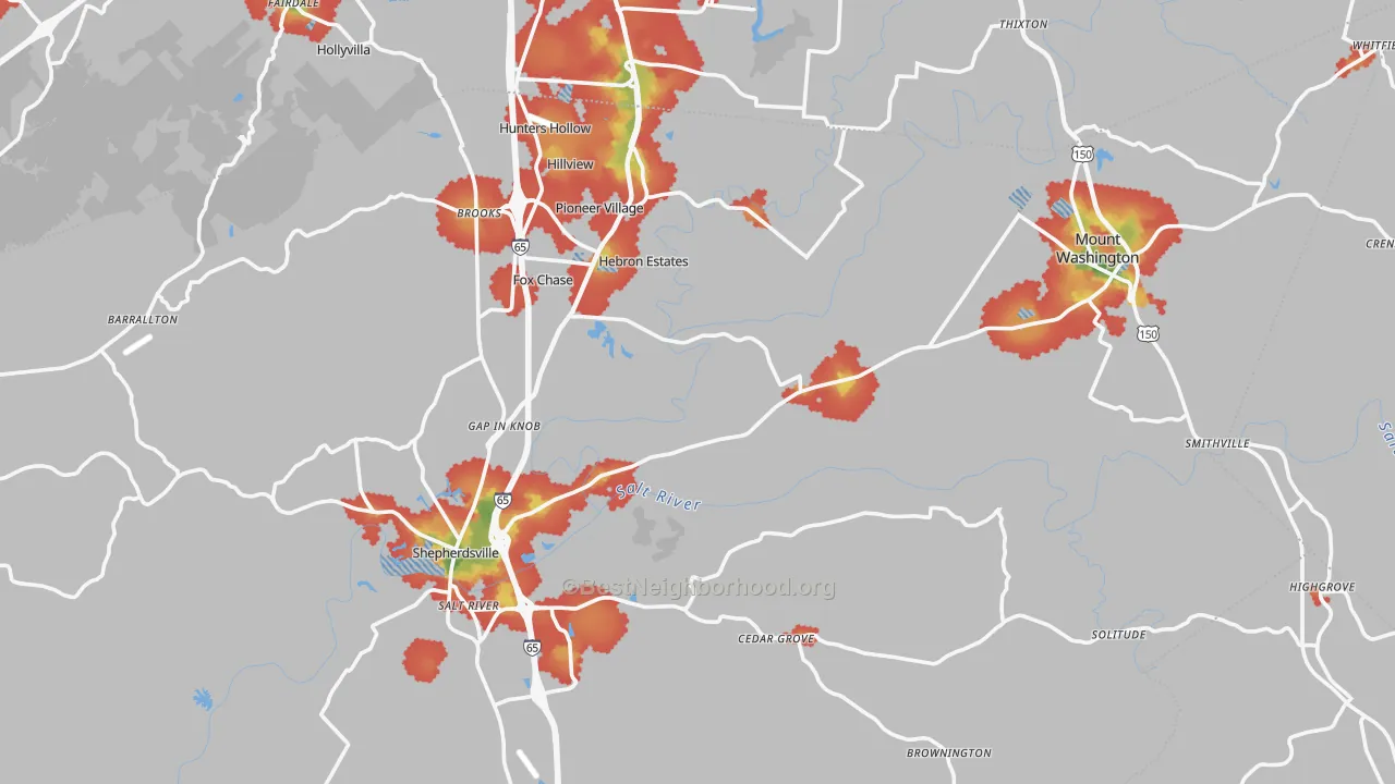 Walk Grade map of Bullitt County, KY, walkable areas in green and car-dependent areas in red