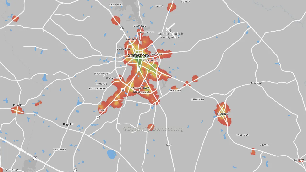 Walk Grade map of Bulloch County, GA, walkable areas in green and car-dependent areas in red