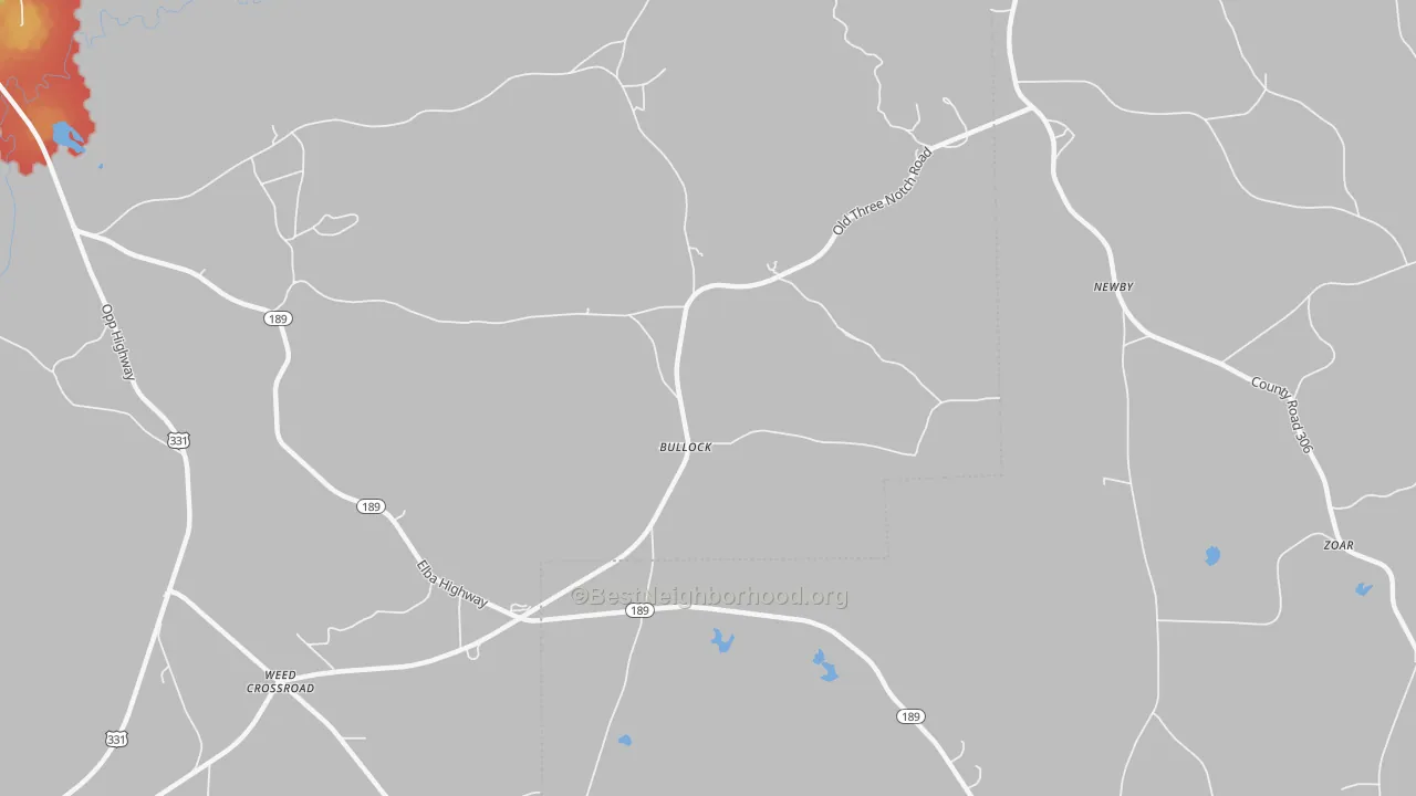 Walk Grade map of Bullock, AL, walkable areas in green and car-dependent areas in red