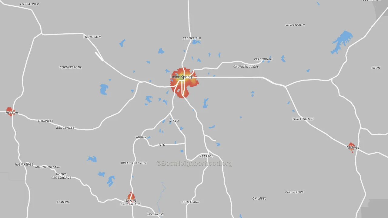 Walk Grade map of Bullock County, AL, walkable areas in green and car-dependent areas in red