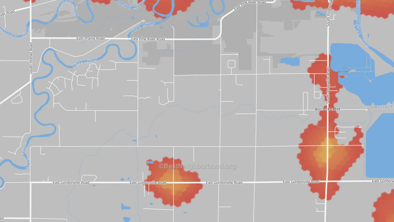 Walk Grade map of Bullock Creek, MI, walkable areas in green and car-dependent areas in red