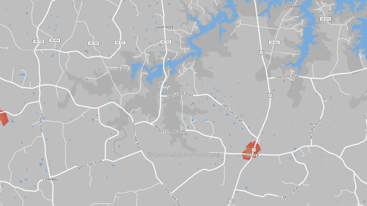 Walk Grade map of Bullock, NC, walkable areas in green and car-dependent areas in red