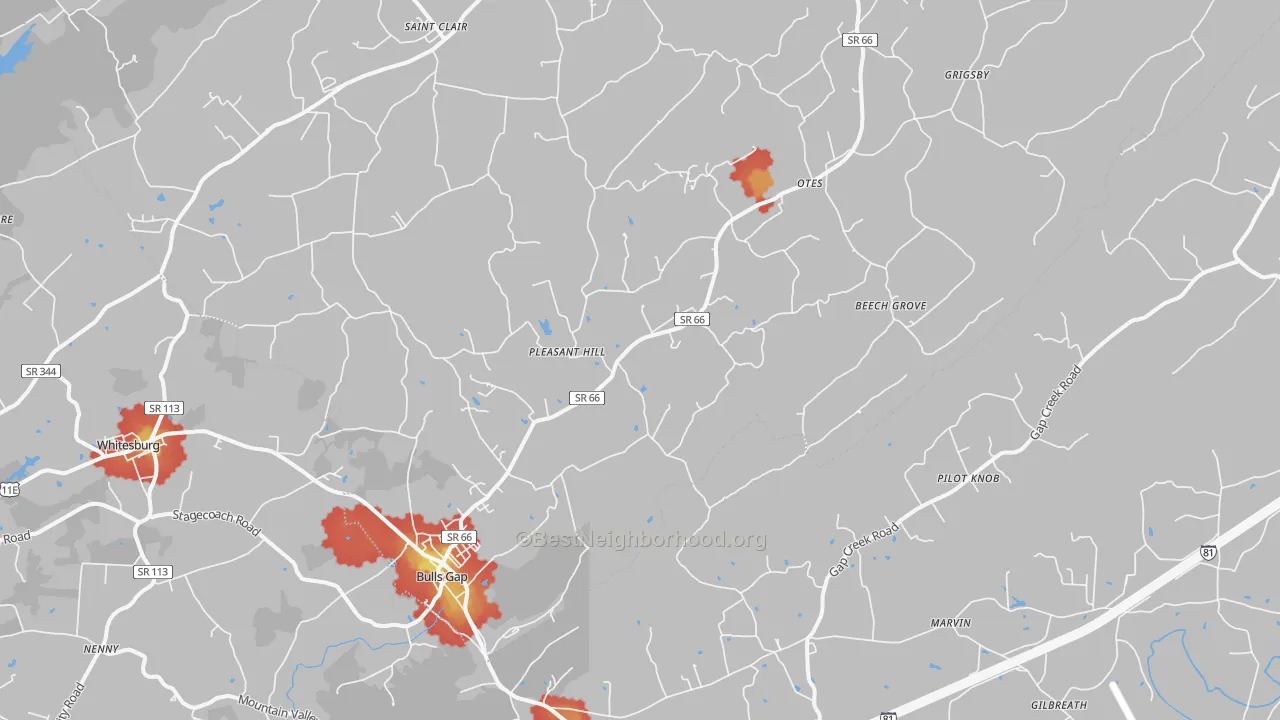 Walk Grade map of Bulls Gap, TN, walkable areas in green and car-dependent areas in red