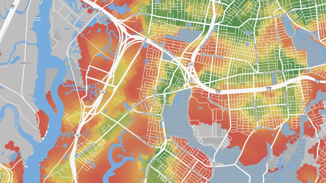 Walk Grade map of Bulls Head, Staten Island, NY, walkable areas in green and car-dependent areas in red