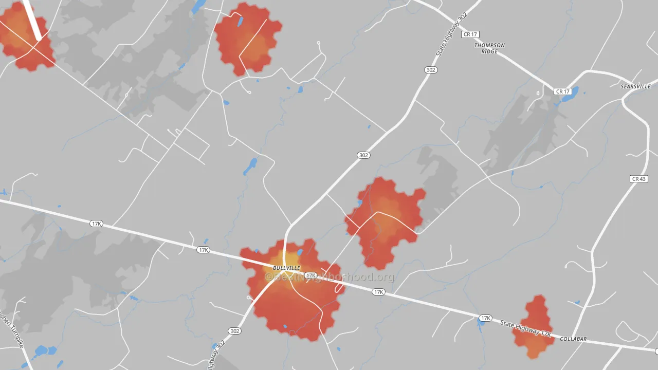 Walk Grade map of Bullville, NY, walkable areas in green and car-dependent areas in red