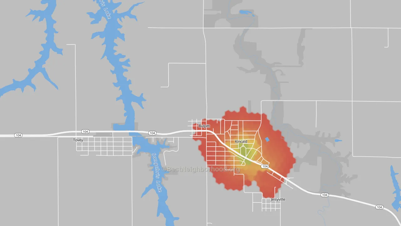 Walk Grade map of Bulpitt, IL, walkable areas in green and car-dependent areas in red