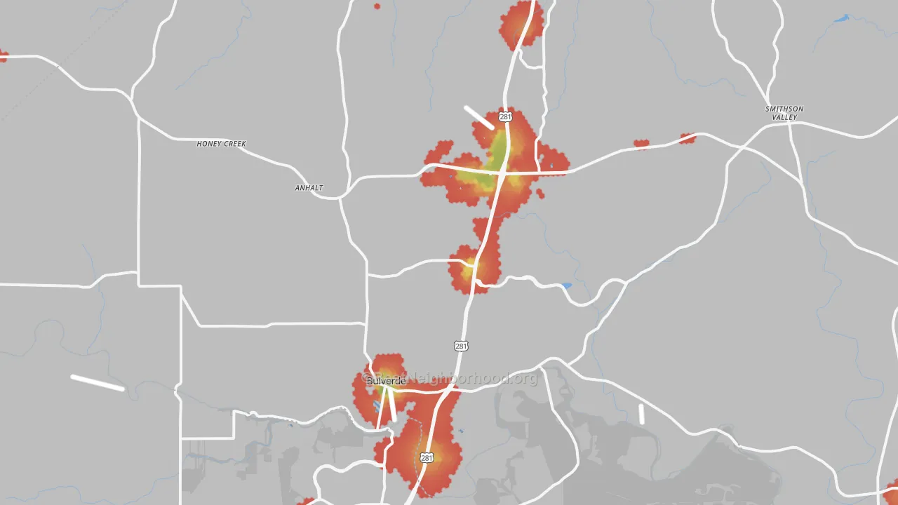 Walk Grade map of Bulverde, TX, walkable areas in green and car-dependent areas in red