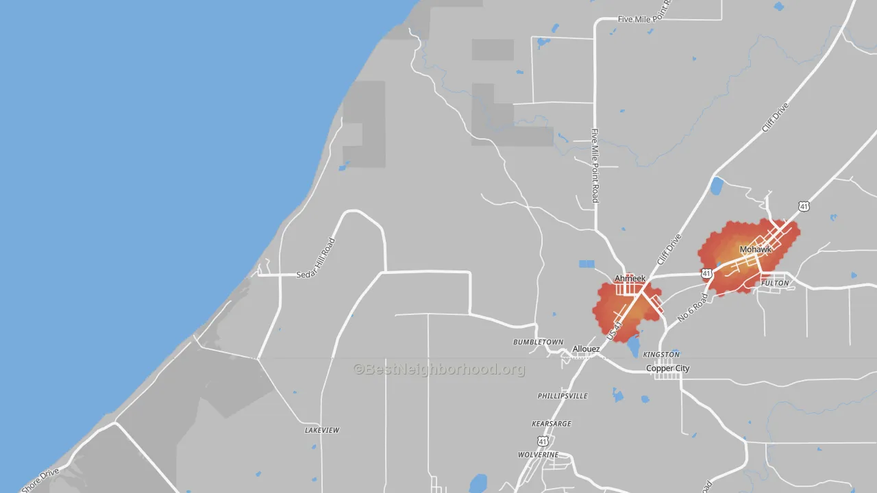 Walk Grade map of Bumbletown, MI, walkable areas in green and car-dependent areas in red