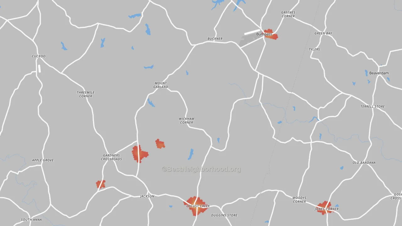 Walk Grade map of Bumpass, VA, walkable areas in green and car-dependent areas in red