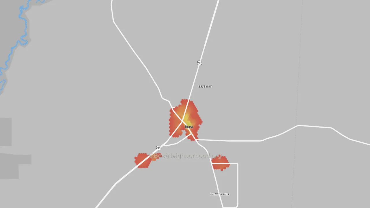 Walk Grade map of Buna, TX, walkable areas in green and car-dependent areas in red
