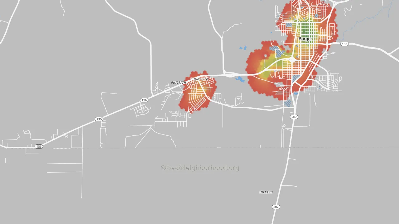 Walk Grade map of Bunavista, TX, walkable areas in green and car-dependent areas in red